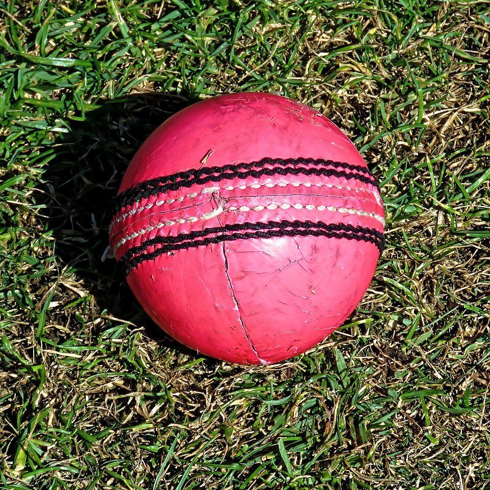 Red cricket ball on grass